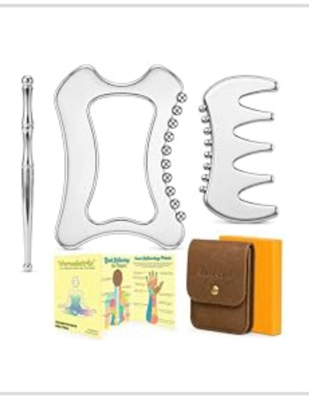 Stainless Steel Gua Sha & Massage Tool Set with Brown Carry Pouch